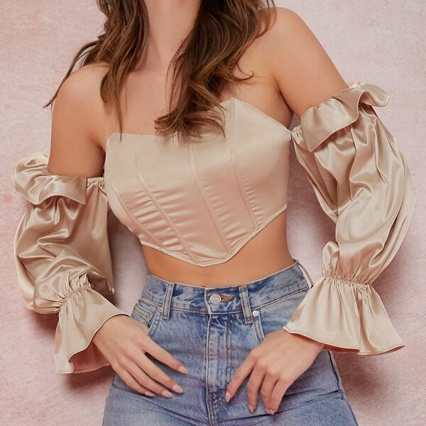 

Satin Off-the-Shoulder Binding Detail Crop Top, Apricot