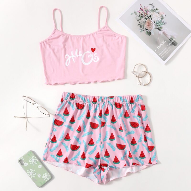 

Letter & Watermelon Print Cami Pajama Set, Multicolor