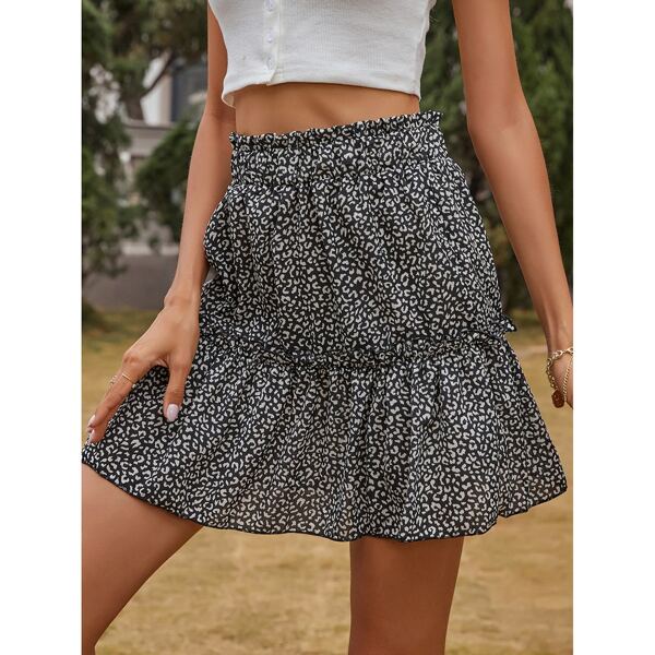 

Leopard Paper Bag Waist Skirt, Black and white