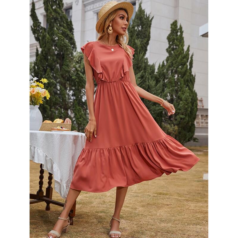 

Ruffle Trim Tie Back A-line Dress, Rusty rose