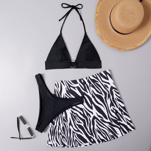 

Ring Linked Bikini Swimsuit & Zebra Stripe Beach Skirt, Black and white