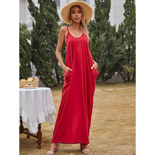 

Draped Solid Maxi Cami Dress, Red