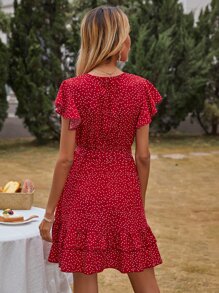 Robe ceinturée à pois à volants - Rouge foncé - Voir 2