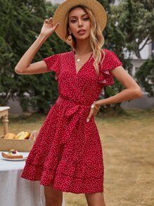 Robe ceinturée à pois à volants - Rouge foncé - Voir 4