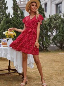 Robe ceinturée à pois à volants - Rouge foncé - Voir 5