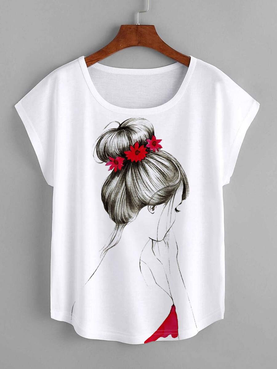 SHEIN LUNE Camiseta de manga corta con estampado de figura - Blanco - Ver 1