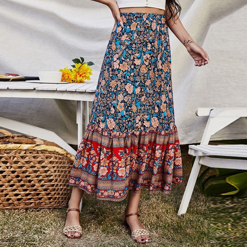 

Floral Print Ruffle Hem Skirt, Multicolor