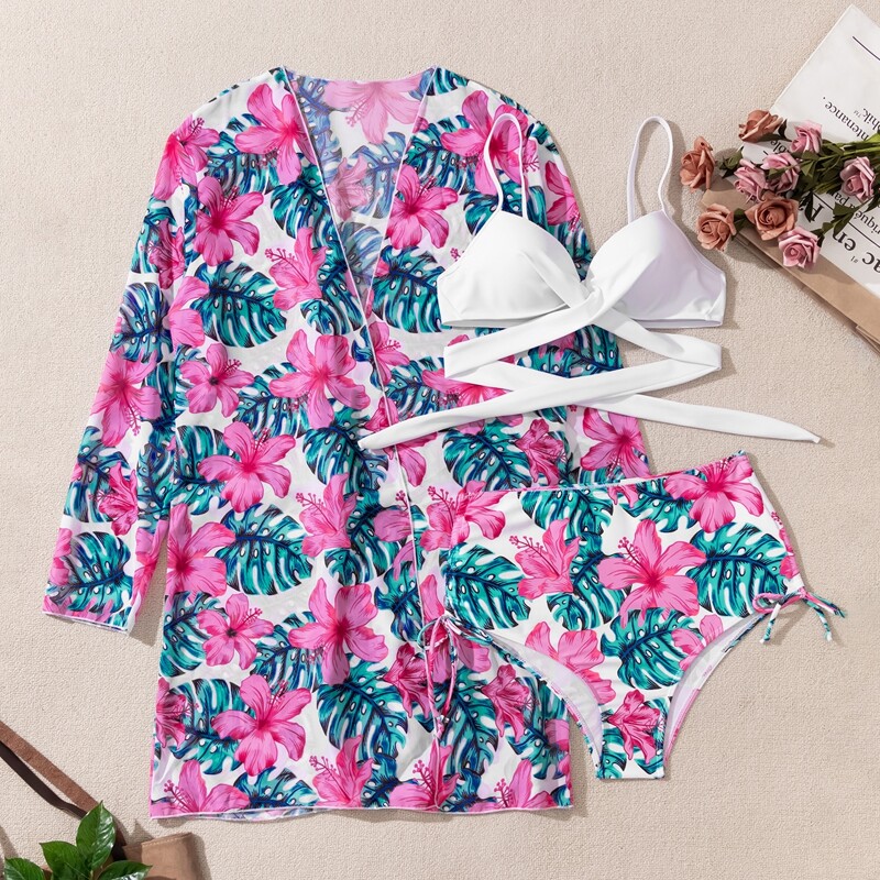 

3pack Tropical Underwire Bikini Swimsuit & Kimono, Multicolor