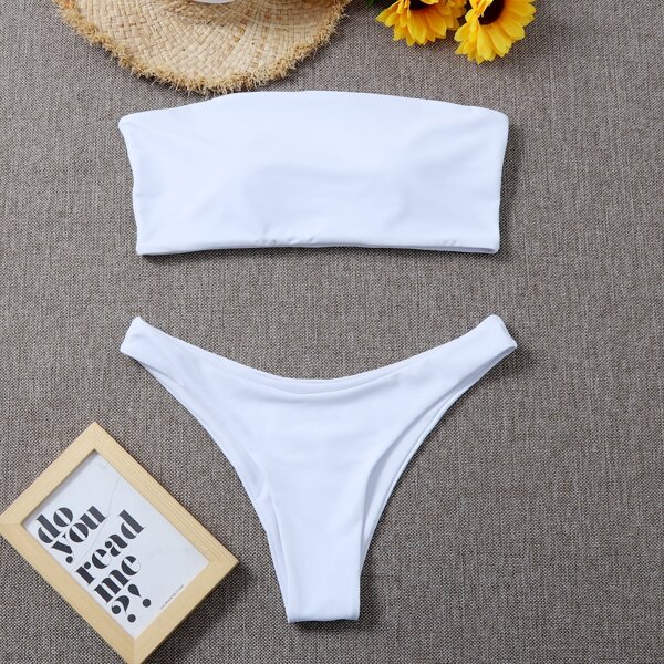 

Solid Bandeau Bikini Swimsuit, White