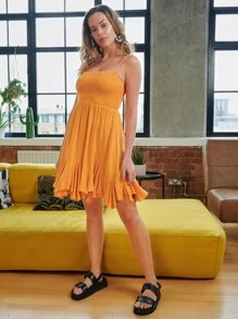 SHEIN 打褶腰荷葉邊下擺吊帶洋裝 - 芥末黃 - 查看 5