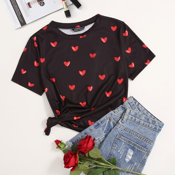 

Heart Print Crew Neck Tee, Black