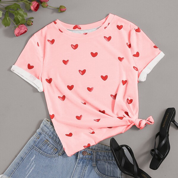 

Heart Print Crew Neck Tee, Coral pink