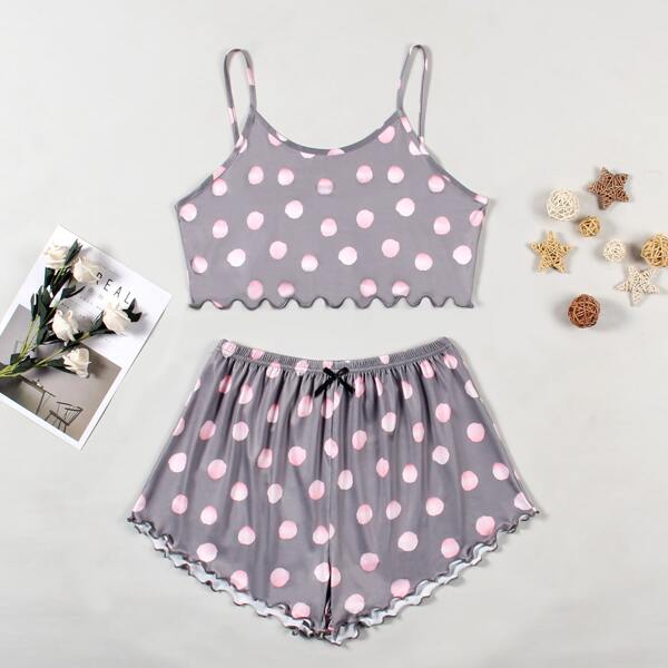 

All Over Print Lettuce Trim Cami Pajama Set, Mocha brown