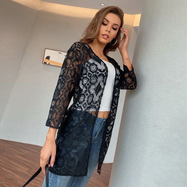 

Floral Lace Sheer Kimono, Black