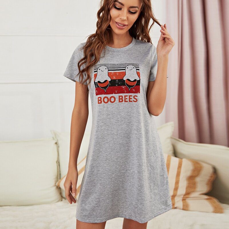 

Cartoon And Letter Graphic Night Dress, Grey