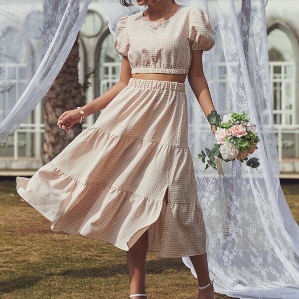 

Gingham Puff Sleeve Top & Split Skirt, Apricot