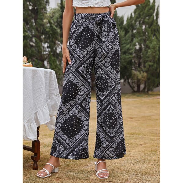 

Paisley Print Wide Leg Belted Pants, Black and white