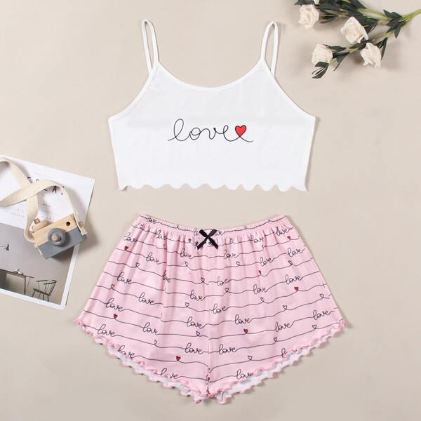 

Letter & Heart Print Cami Pajama Set, Multicolor