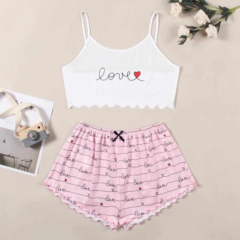 

Letter & Heart Print Cami Pajama Set, Multicolor