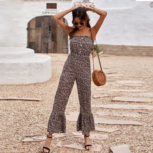 

Ditsy Floral Print Flare Leg Tube Jumpsuit, Multicolor
