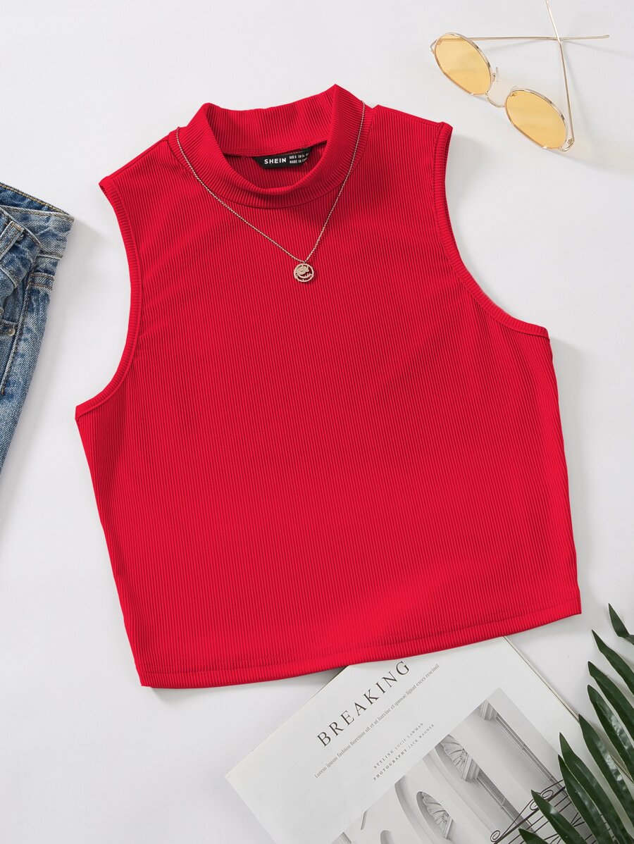 Breezaya Mock Neck Solid Tank Top - Red - View 1