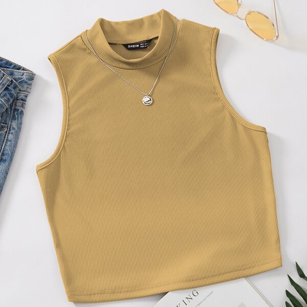 

Mock Neck Solid Tank Top, Khaki