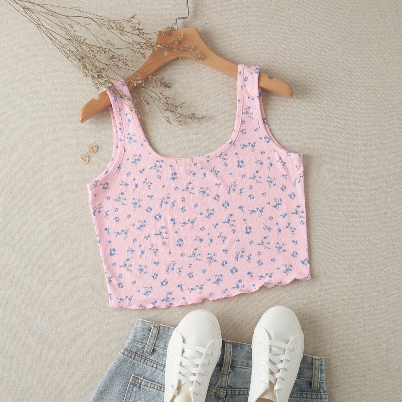 

Ditsy Floral Print Lettuce Trim Tank Top, Baby pink