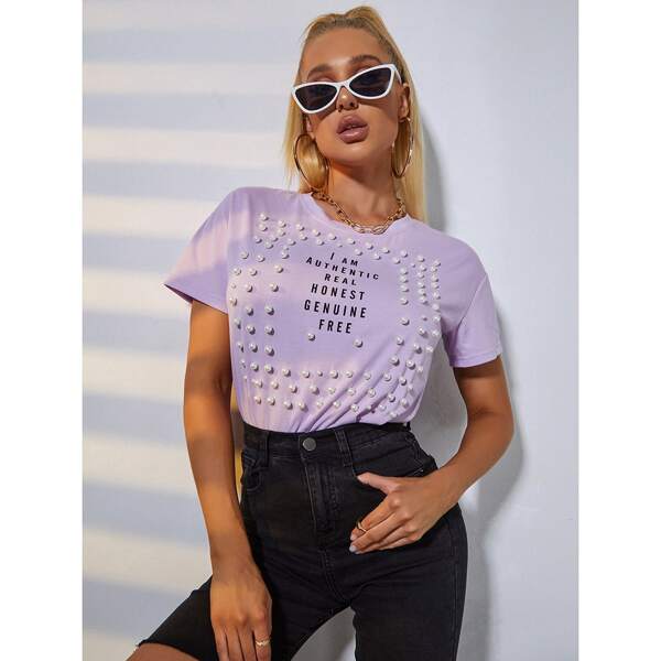 

Slogan Graphic Pearls Beaded Tee, Lilac purple