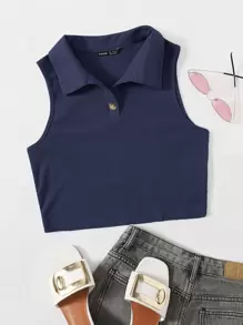 SHEIN EZwear Button Half Placket Rib-knit Tank Top - Navy Blue - View 1
