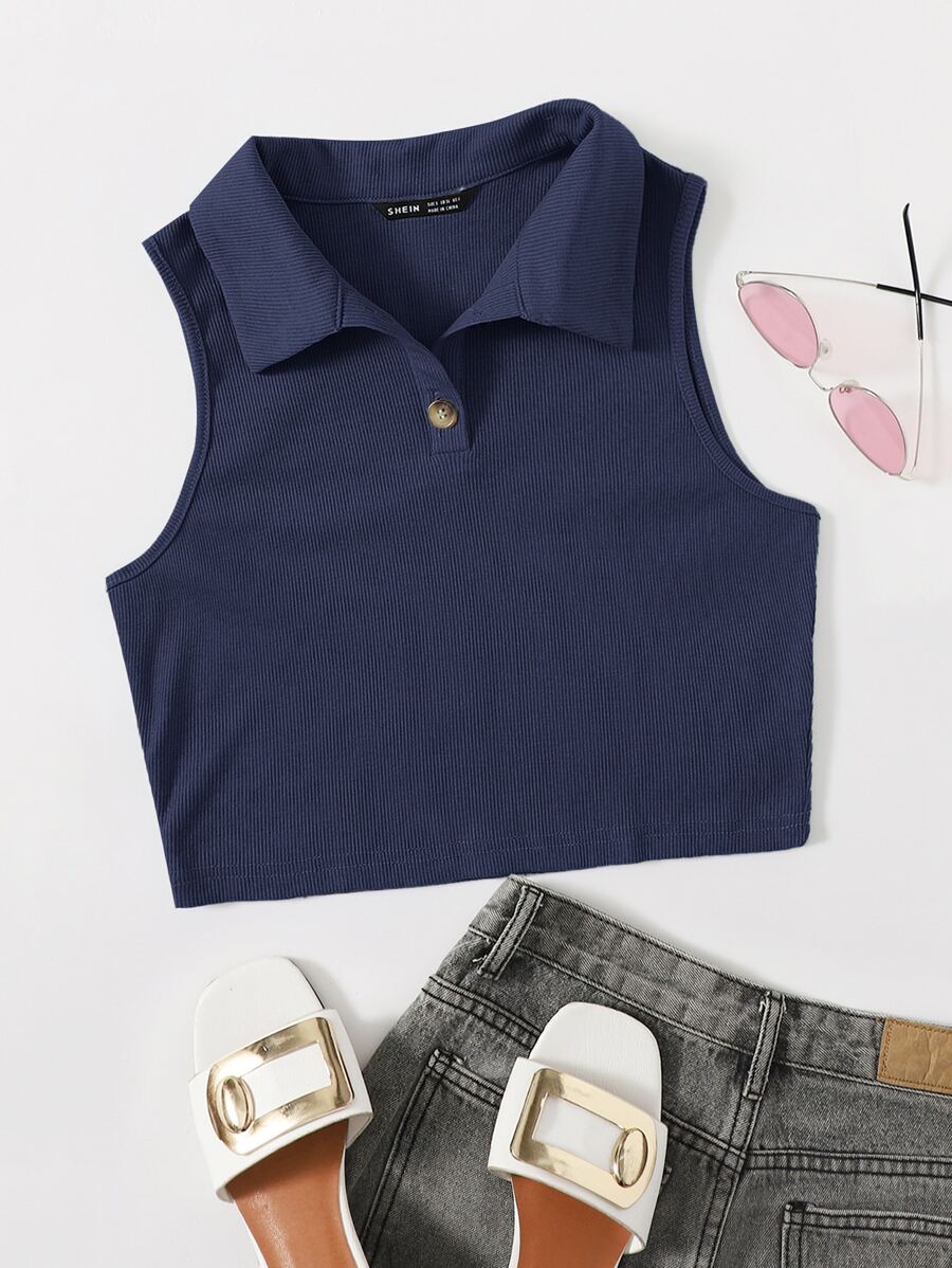 SHEIN EZwear Button Half Placket Rib-knit Tank Top - Navy Blue - View 1