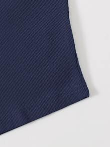 SHEIN EZwear Button Half Placket Rib-knit Tank Top - Navy Blue - View 3