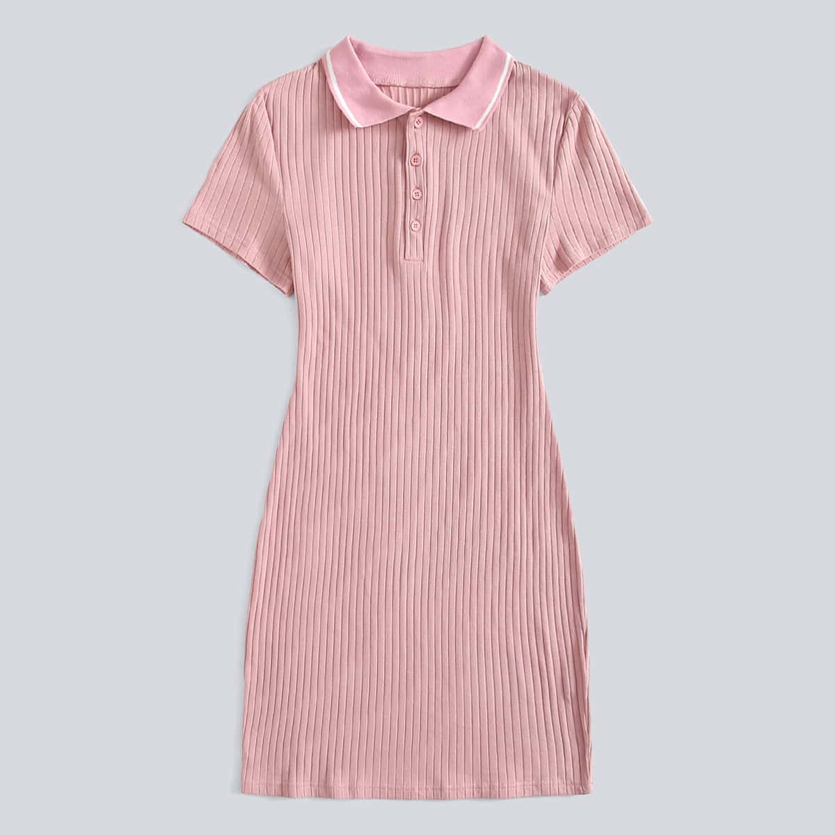 

Solid Collar Ribbed Dress, Dusty pink