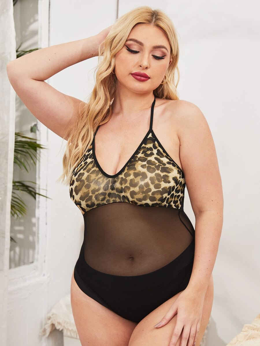 Plus Leopard Mesh Teddy Bodysuit - Multicolor - View 1