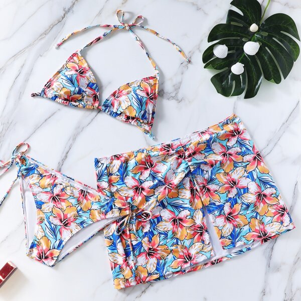 

3pack Floral Micro Triangle Bikini Swimsuit & Beach Skirt, Multicolor