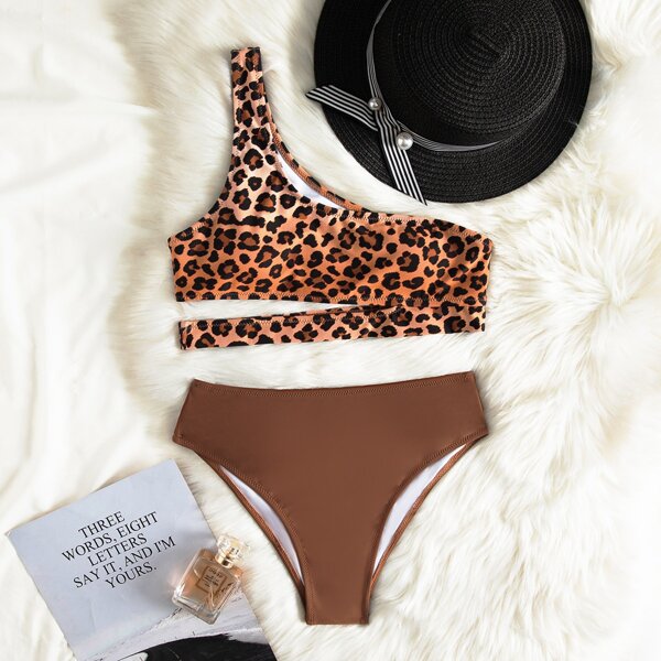 

Leopard Cut-out One Shoulder Bikini Swimsuit, Multicolor