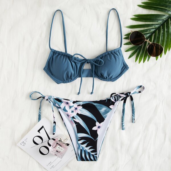 

Floral Random Print Underwire Tie Side Bikini Swimsuit, Multicolor
