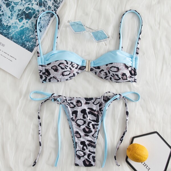 

Leopard Print Tie Side Bikini Swimsuit, Multicolor