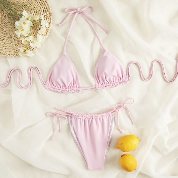 

Micro Triangle Halter Bikini Swimsuit, Baby pink