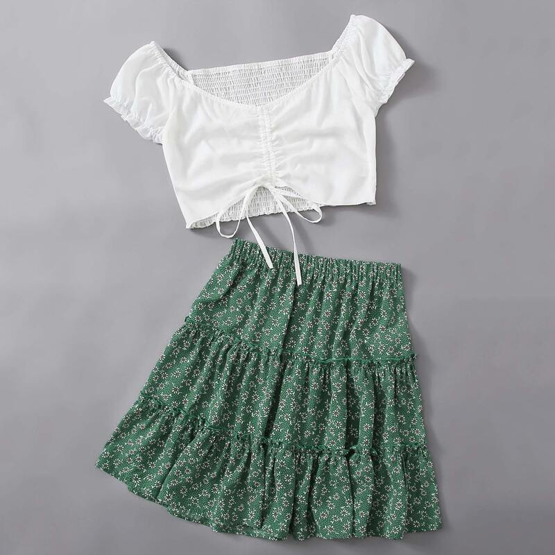 

Shirred Drawstring Crop Top & Ditsy Floral Skirt, Multicolor