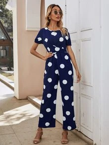Polka Dot Tie Back Jumpsuit Shein Eur