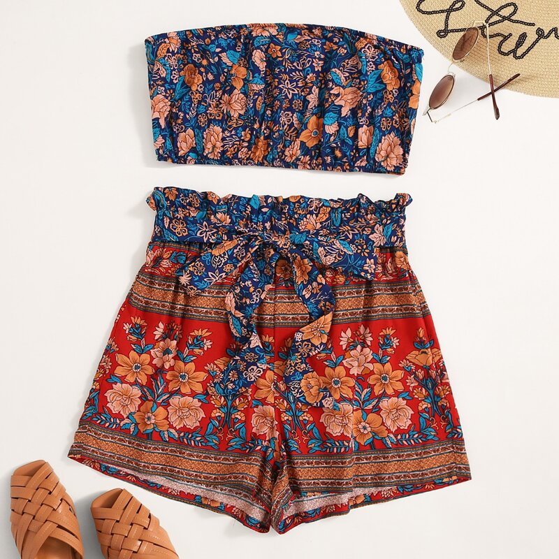 

Floral Crop Tube Top & Paper Bag Waist Shorts, Multicolor