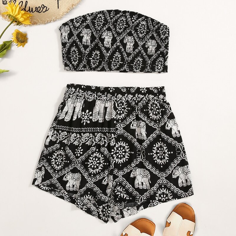 

Elephant Print Tube Top & Shorts, Black and white