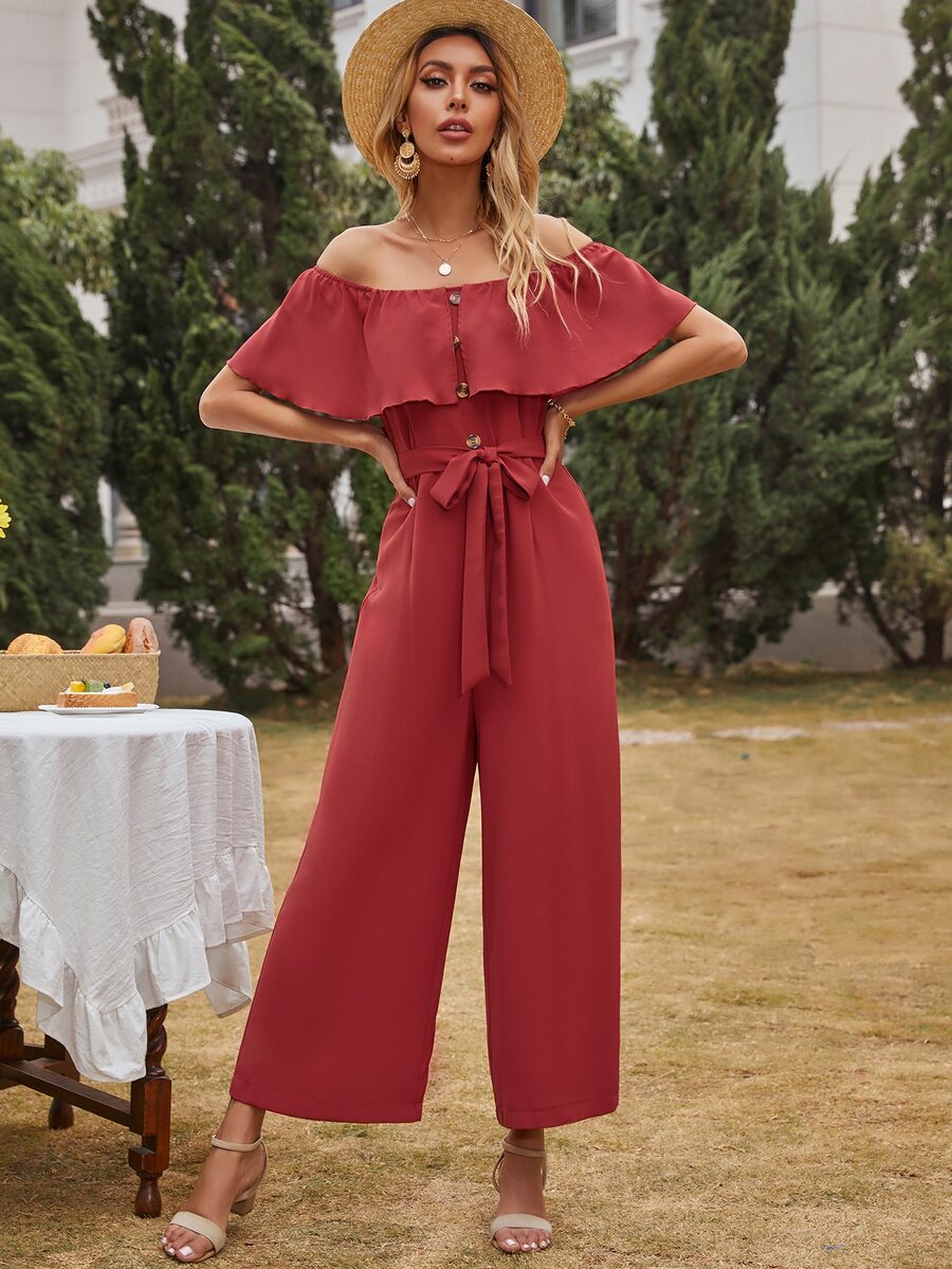 Solid Wide Leg Belted Bardot Jumpsuit - Rose Red - View 1