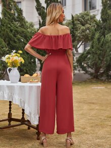 Solid Wide Leg Belted Bardot Jumpsuit - Rose Red - View 2