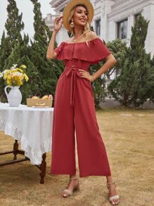 Solid Wide Leg Belted Bardot Jumpsuit - Rose Red - View 3
