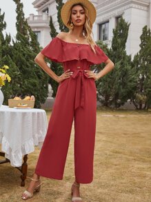 Solid Wide Leg Belted Bardot Jumpsuit - Rose Red - View 4