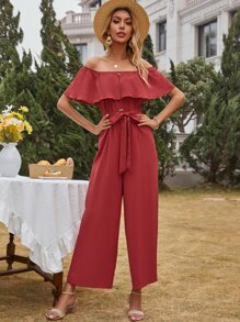 Solid Wide Leg Belted Bardot Jumpsuit - Rose Red - View 5