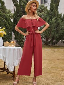 Solid Wide Leg Belted Bardot Jumpsuit - Rose Red - View 6