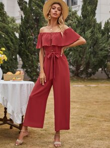 Solid Wide Leg Belted Bardot Jumpsuit - Rose Red - View 7