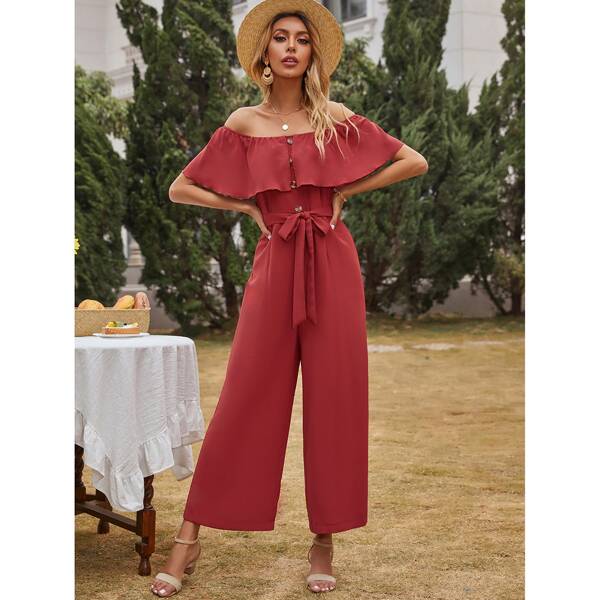 

Solid Wide Leg Belted Bardot Jumpsuit, Rose red